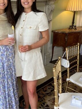 Zara Cream Textured Tweed Mini Dress with Gold Buttons